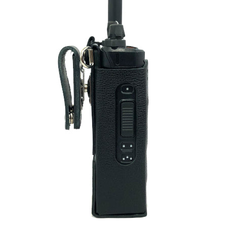 LEATHER HOLSTER, OPEN KEYPAD, USE WITH RECHARGEABLE BATTERY FOR BKR5000 with radio in it side view