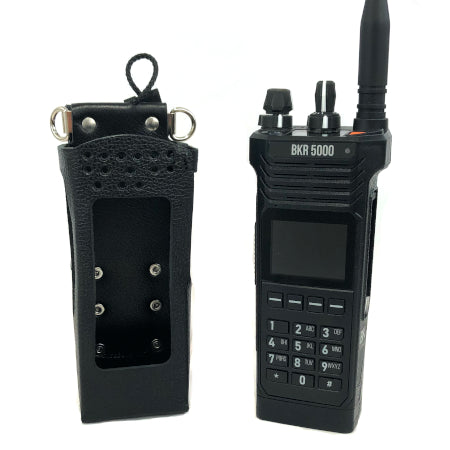 LEATHER HOLSTER, OPEN KEYPAD, USE WITH RECHARGEABLE BATTERY FOR BKR5000 with radio next to it