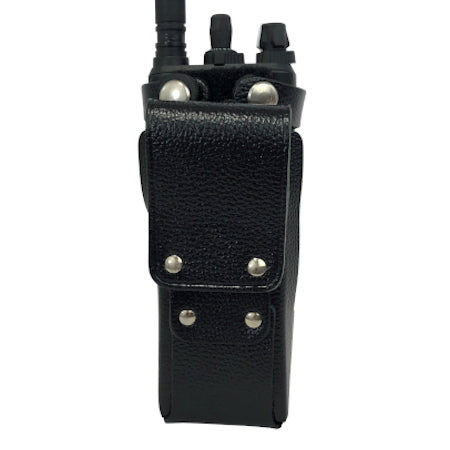 BKR0421 LEATHER HOLSTER, OPEN KEYPAD FOR BKR5000 PORTABLE RADIOS back view with radio in it