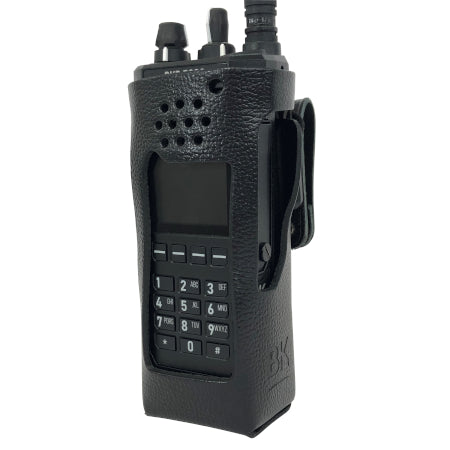 BKR0421 LEATHER HOLSTER, OPEN KEYPAD FOR BKR5000 PORTABLE RADIOS side view with radio in it